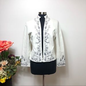 St. John Leather White Floral Silk Lined Woman’s Jacket - Size Medium